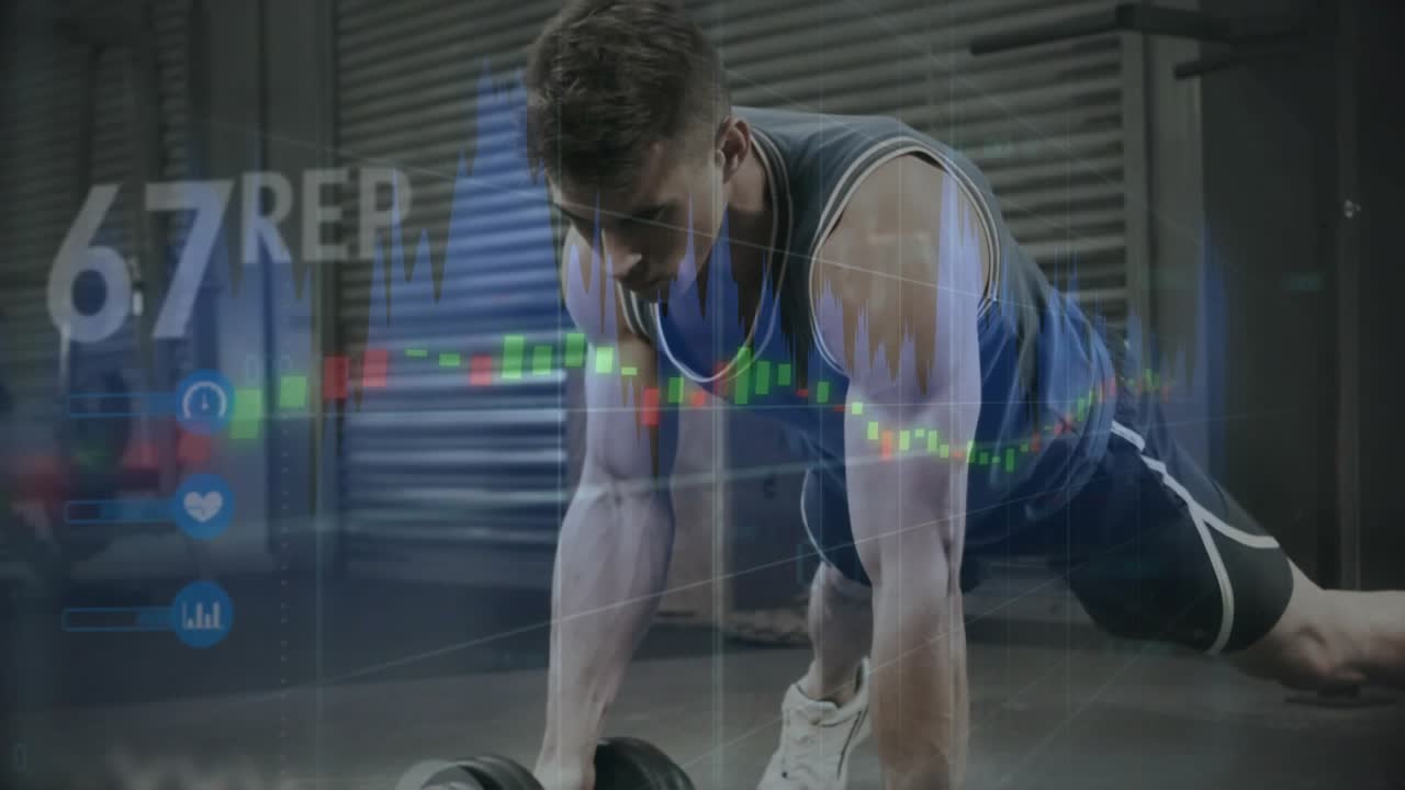 Male trainee starting wide-plank grip, rowing DB in gym, HUD updating rep counter, building core