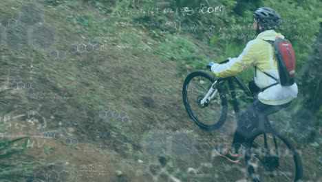 mathematical equations against man cycling in forest