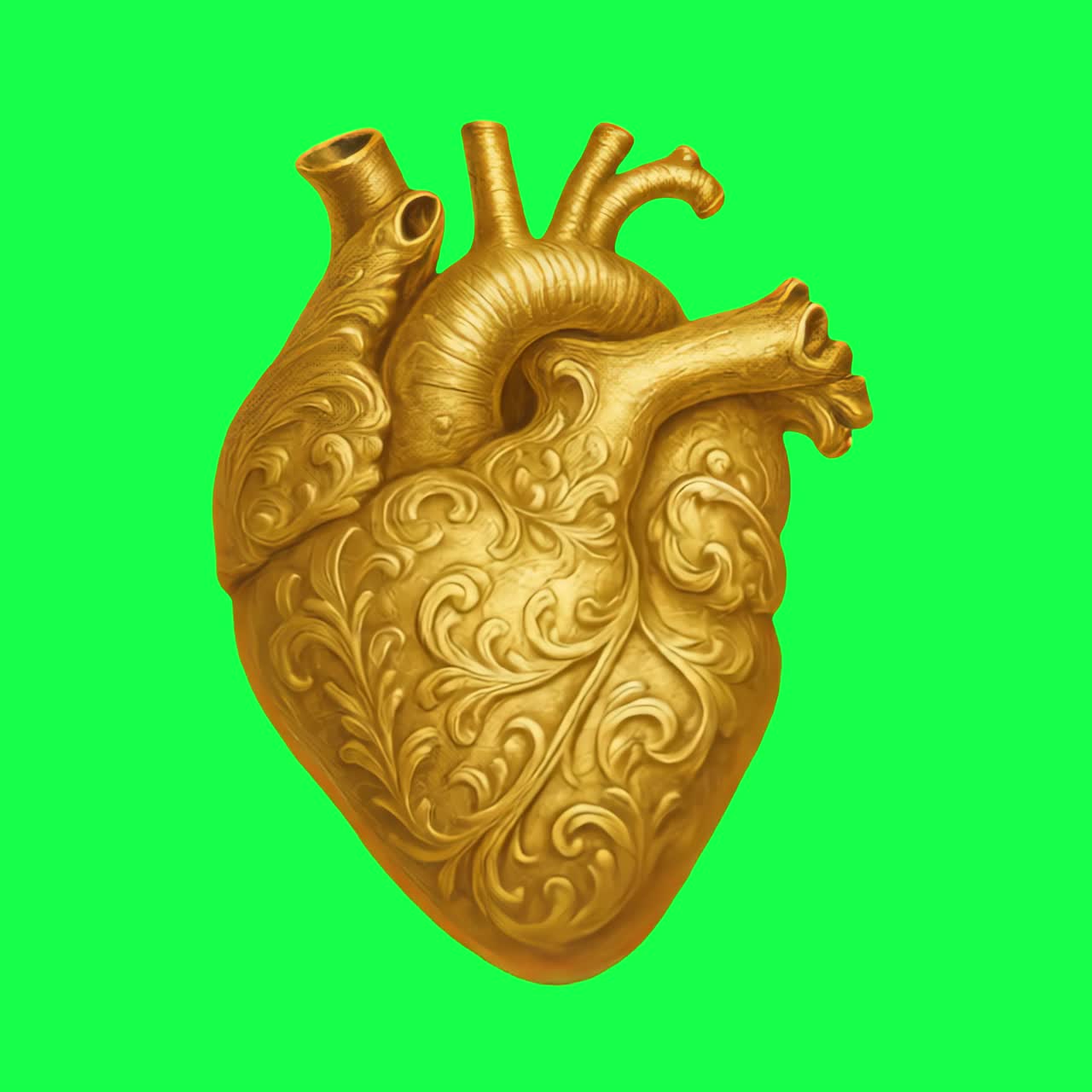 Animazione di cuore dorato ornato, video 4K trasparente, green screen.