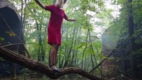 spectacular slow motion cinematic shot of a lonely creepy blond girl in red dress jump of a tree in the wild old ukraine forrest. foto video shoot on lost places in nature 1080, 24p by philipp marnitz