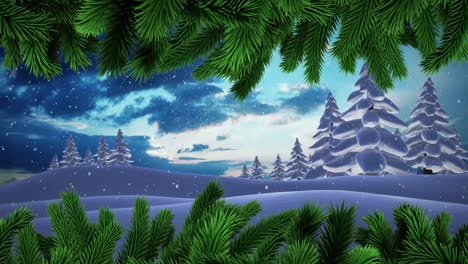 Animation-of-fir-trees-branches-over-winter-landscape