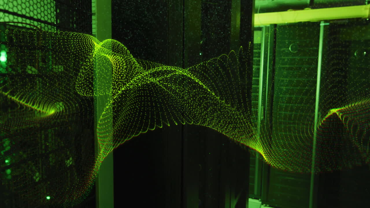 animazione di un'onda gialla della rete che si muove sopra la stanza del server del computer buio