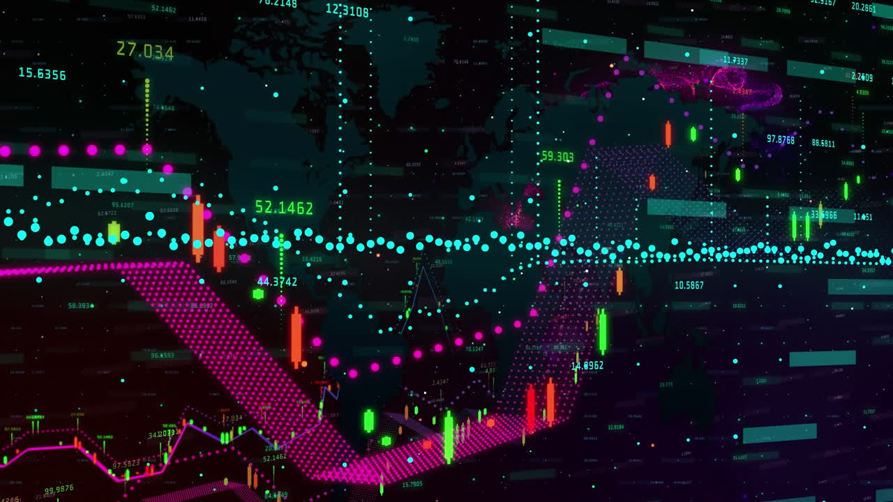 animación del procesamiento de datos financieros sobre el mapa del mundo en el fondo