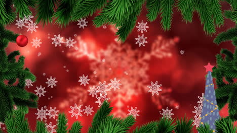 animación de hojas de árbol de navidad, bauble y estrella en el árbol sobre copos de nieve contra un fondo rojo.