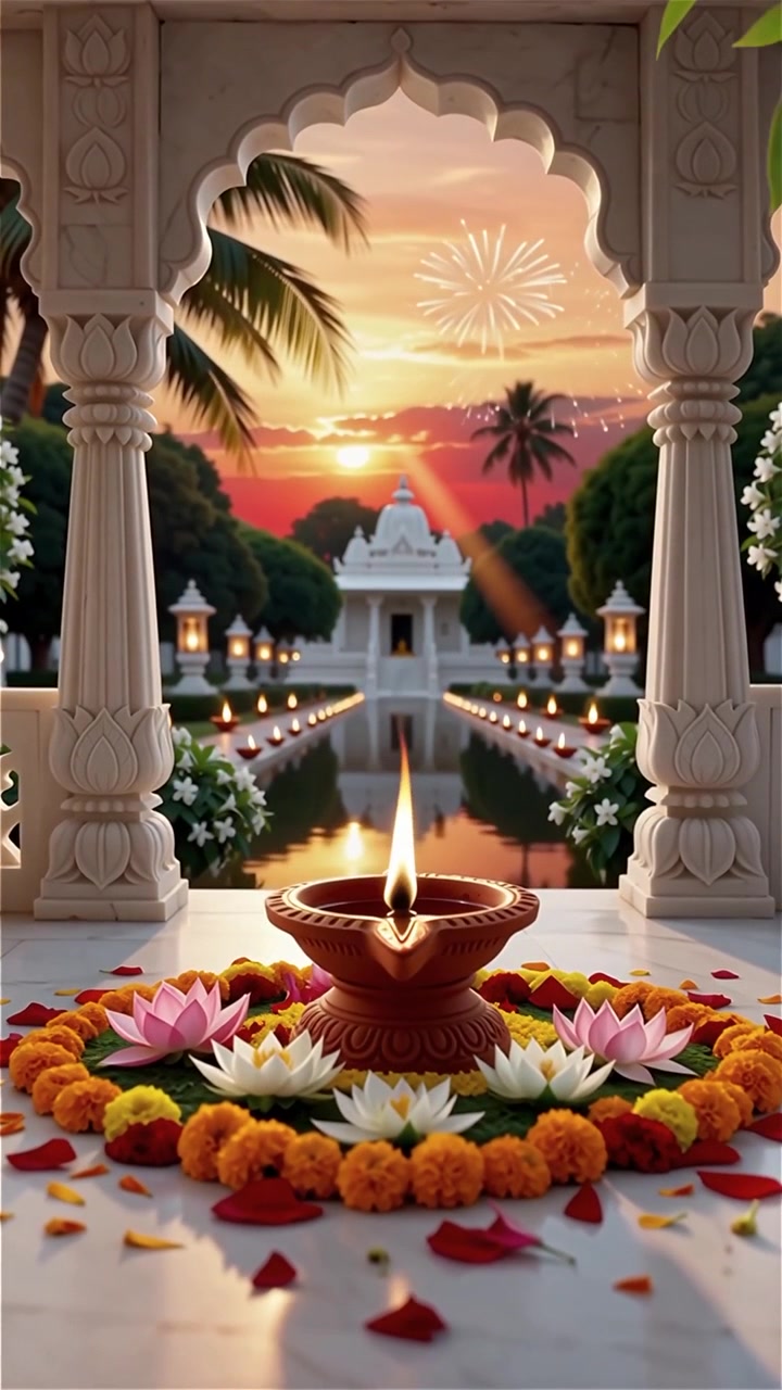 Sfondo del Festival Diwali con lanterne e decorazioni tradizionali Diyas.