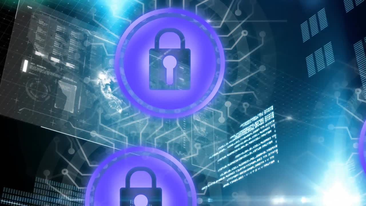 Animation of online security padlock icons over data processing