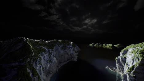 mysterious rocky coastline illuminated by moonlight on a dark night