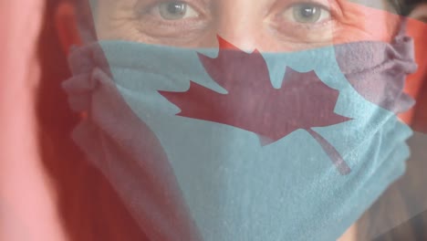 animación de la bandera de canadá ondeando sobre una mujer con máscaras faciales