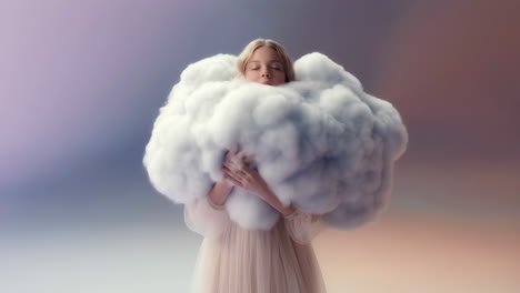woman embracing a soft, dreamy cloud