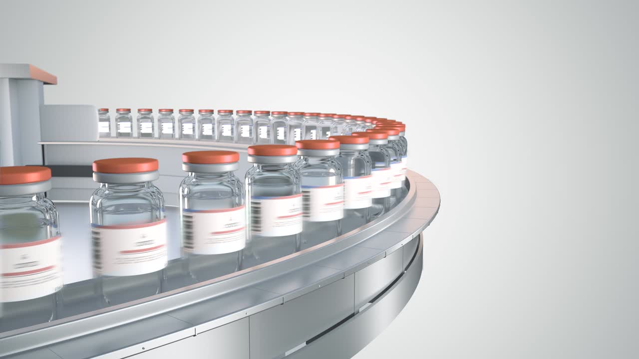 의약품 제조 장비: sars-cov-2 코로나바이러스 백신 대량 생산, 연구실에서 의약품 컨베이어 벨트를 따라 움직이는 암풀, 순환 프레임