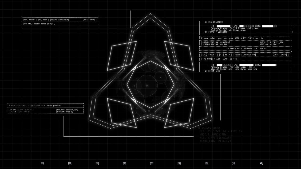 Futuristic digital interface scanning character profile data and weapon layouts. Excellent background asset for video gaming content, sci-fi movies, and tech startup concepts.