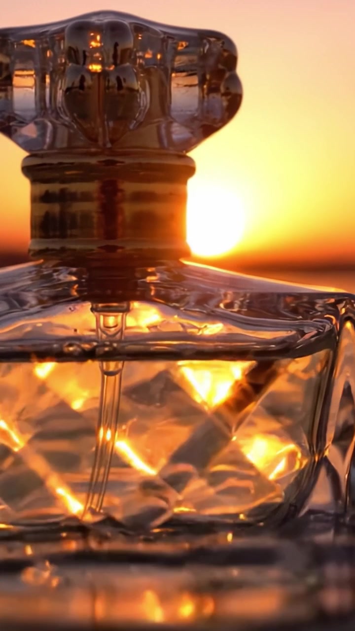Flacone di profumo scintillante catturato al tramonto: uno scorcio di eleganza mentre la luce del sole si riflette sul vetro di cristallo creando un'atmosfera serena.