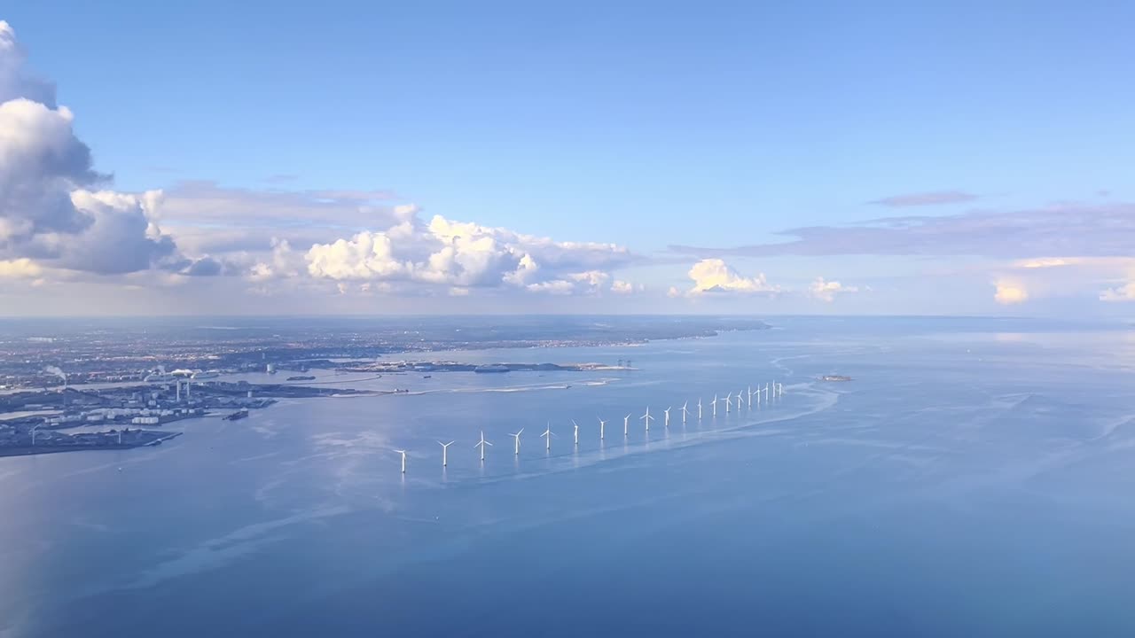 Wide Aerial Shot of a Wind Farm in Denmark