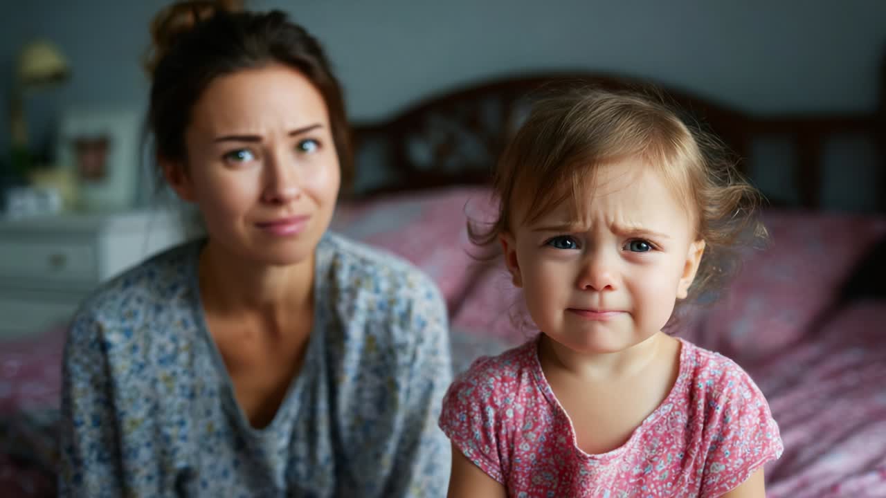 Una madre esprime preoccupazione e timore mentre la sua giovane figlia vive un momento emotivo in un'accogliente camera da letto, immortalando un'interazione toccante, ricca di sentimenti e comprensione non detti.