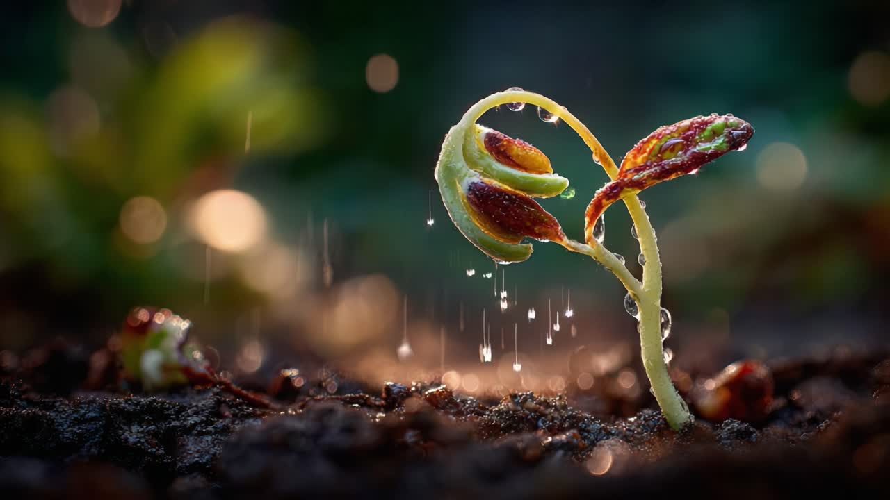 Die bemerkenswerte Reise eines Keimlings: Die Schönheit und Widerstandsfähigkeit der Natur einfangend, wenn eine junge Pflanze inmitten von Regentropfen und Erde entsteht