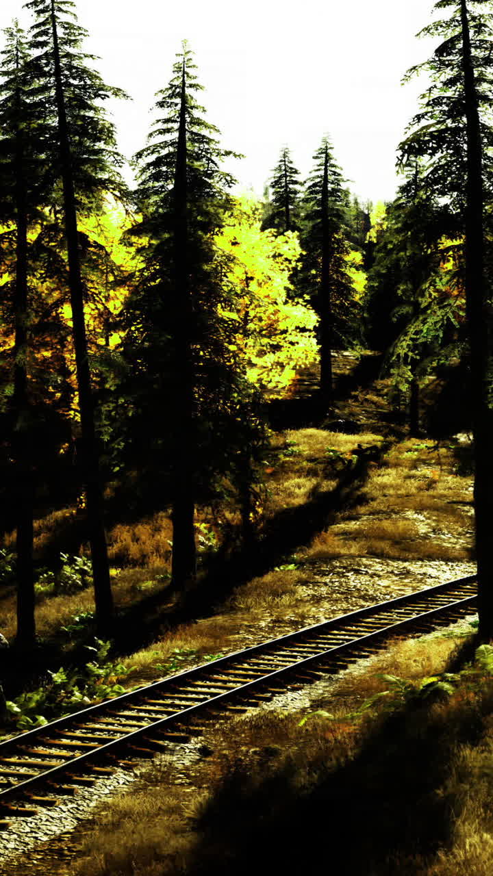 Autumn landscape with railway tracks winding through vibrant forest