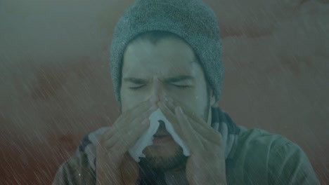 animation of sick caucasian man sneezing and using tissue with storm and lightning striking