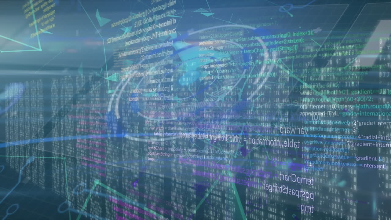 Animation of round scanner, plexus networks and data processing against screens of mosaic squares