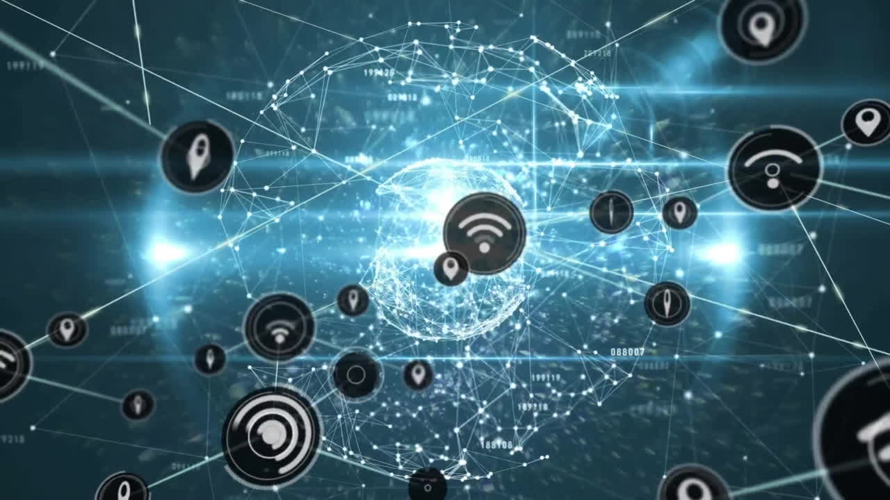 animación de la red de conexiones con iconos en todo el mundo