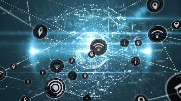 Animation of network of connections with icons over globe