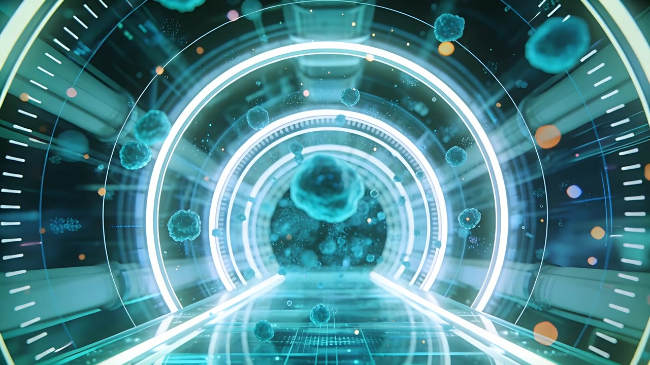 Pushing camera forward through lit tunnel, revealing floating cyan spheres, HUD rings, glass path