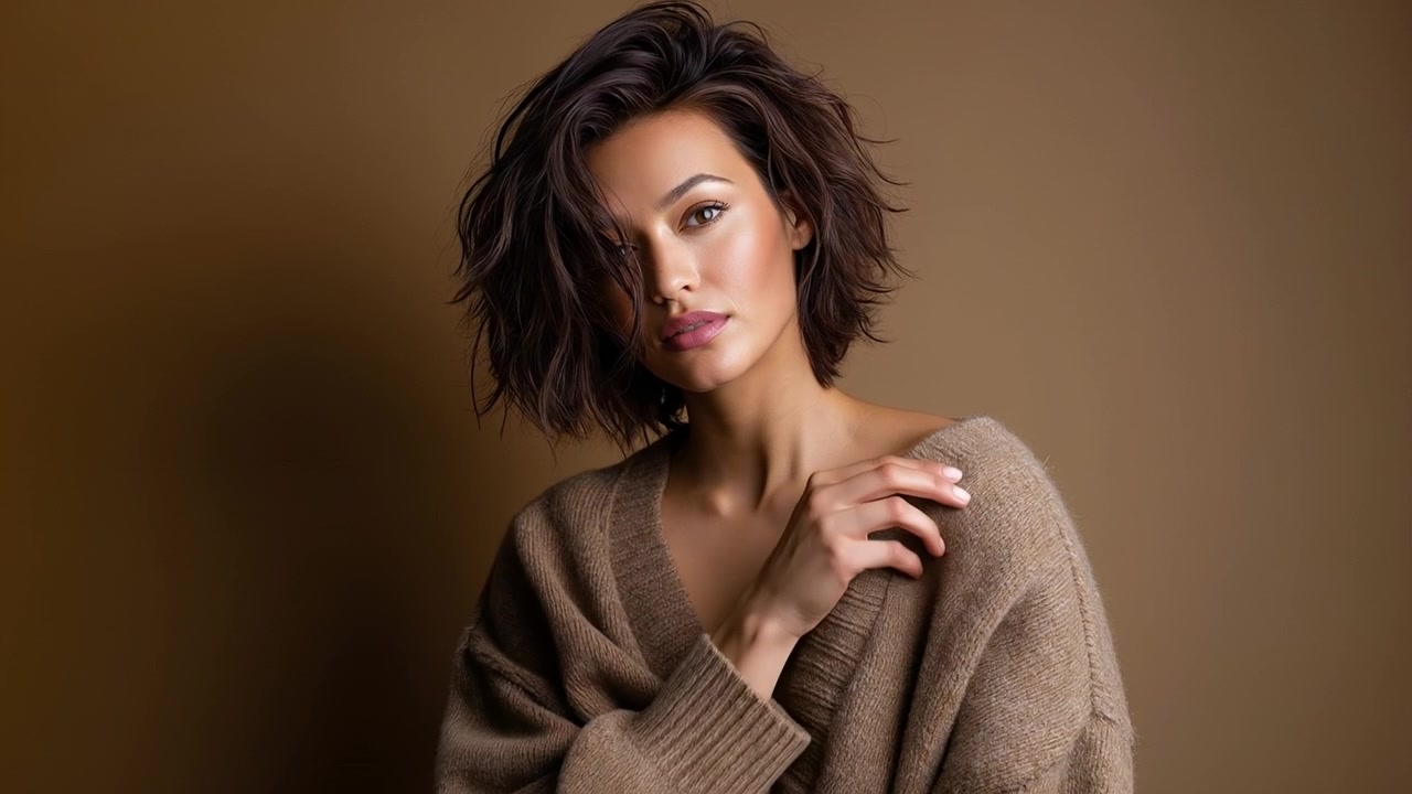 Ritratto di una bella giovane donna con capelli corti e spettinati che posa su uno sfondo marrone