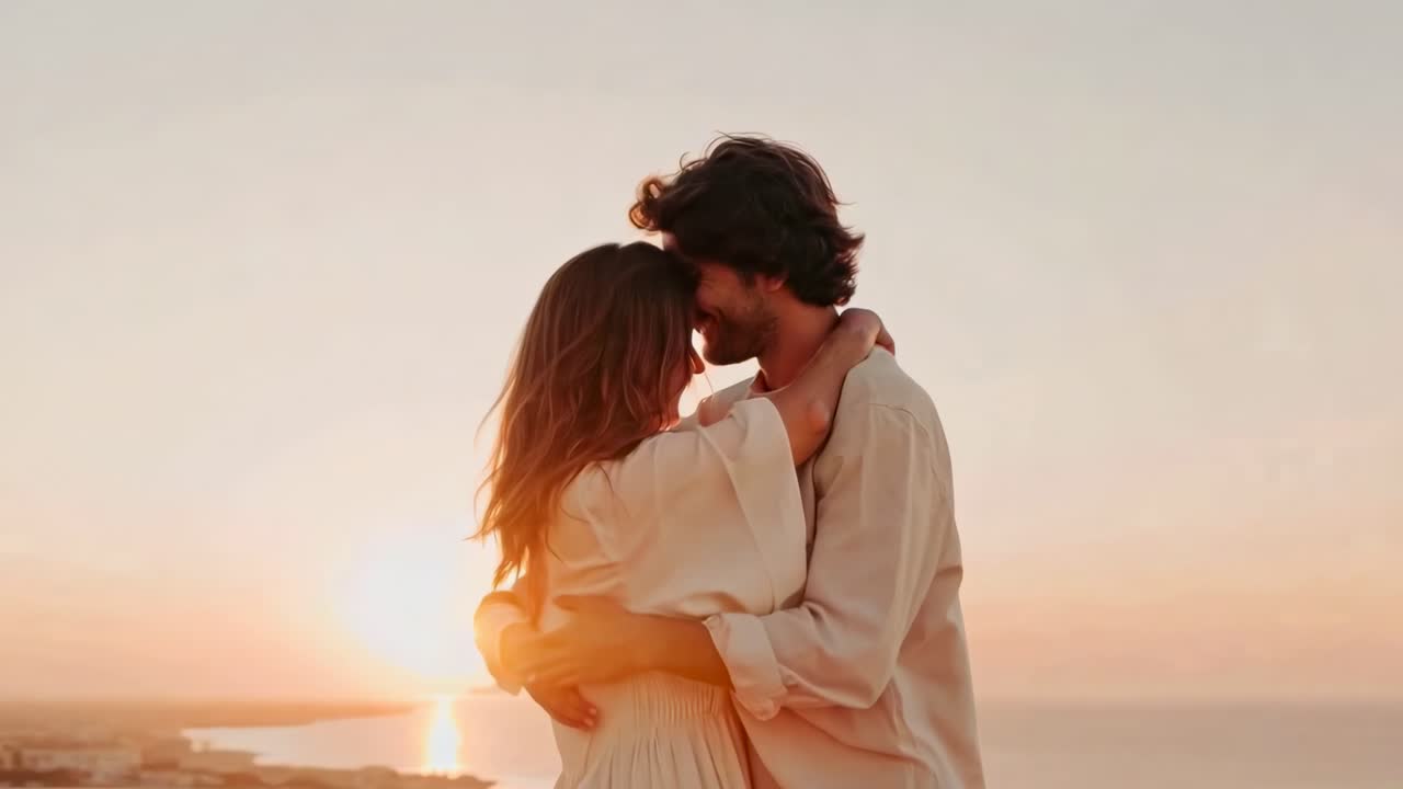 Romantico abbraccio al tramonto catturato in un caldo stile cinematografico. Il video utilizza una ripresa dal basso.