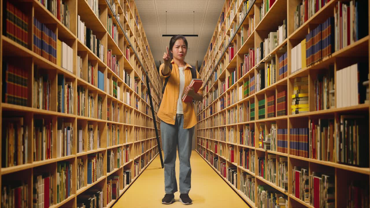cuerpo lleno de estudiante mujer asiática con una mochila y algunos libros sacudiendo la cabeza y desaprobando sin señal del dedo índice mientras estaba de pie en la biblioteca