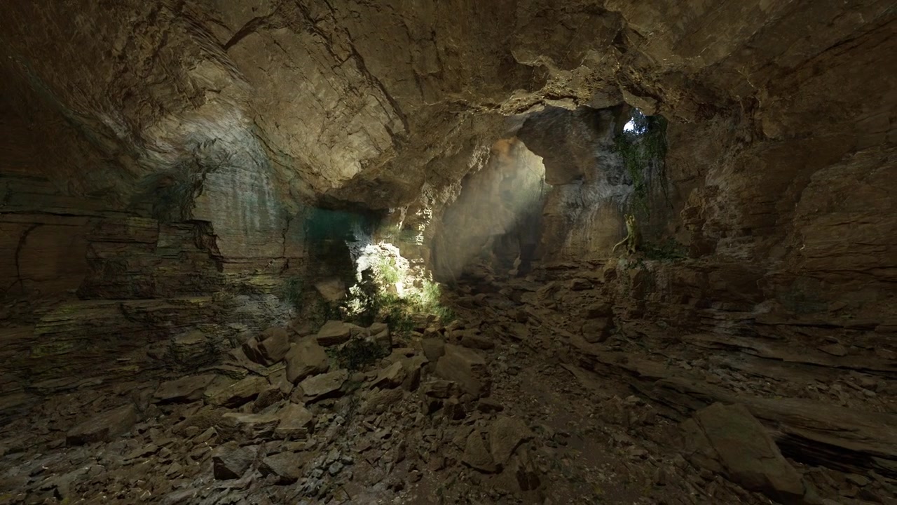 Subterranean ecosystem with thriving flora nestled in limestone fissures