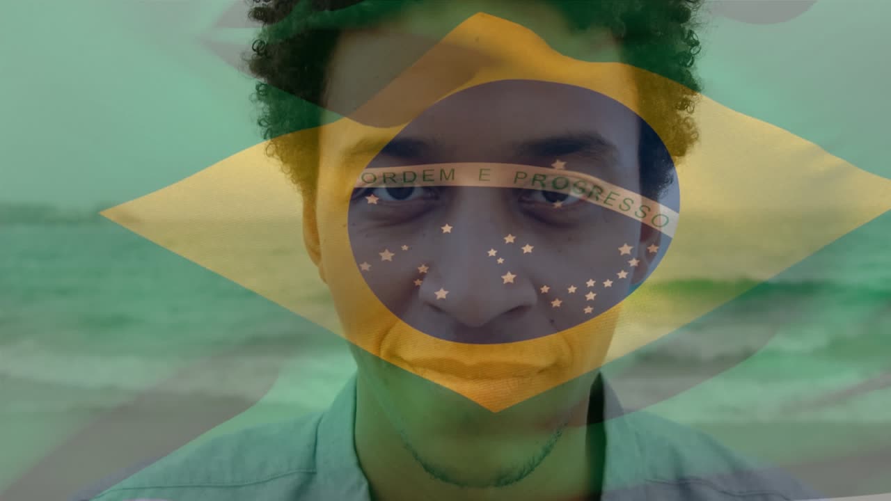 退職をコンセプトにした動画で、複数の旗の上にブラジル国旗のアニメーションが波打っています。