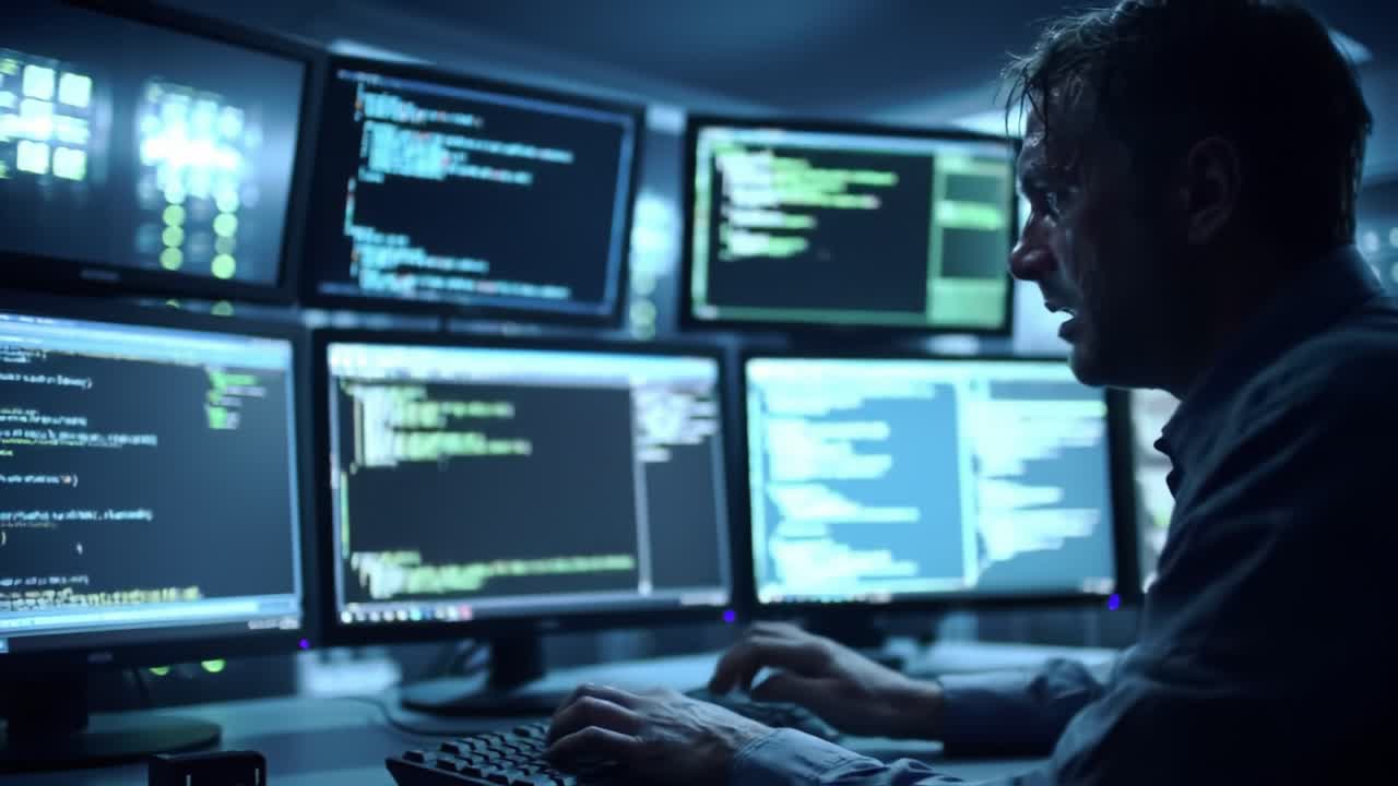 Focused Cybersecurity Analyst Engaging in Intense Programming Audit Amidst Multiple Monitors Displaying Complex Code Logic Under Dim Lighting