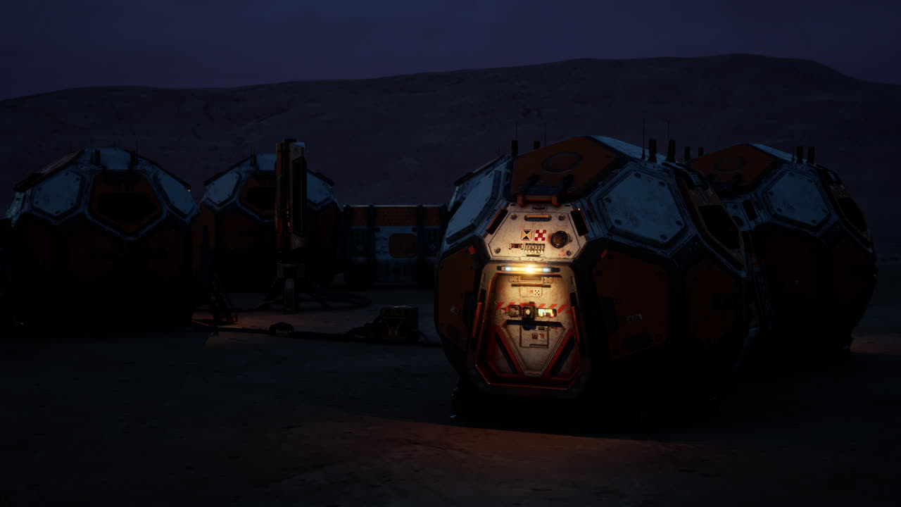Mars colony base illuminated during evening hours with habitat modules visible