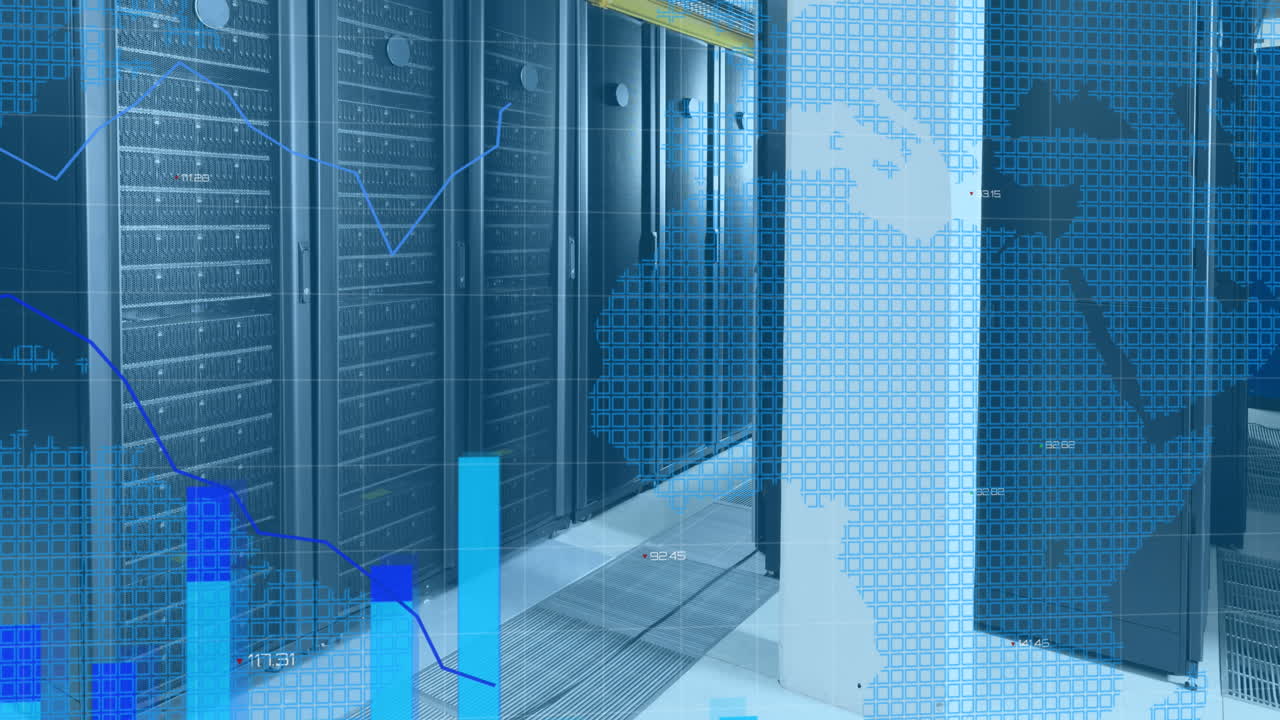 Animation of world map, statistics and data processing over computer servers