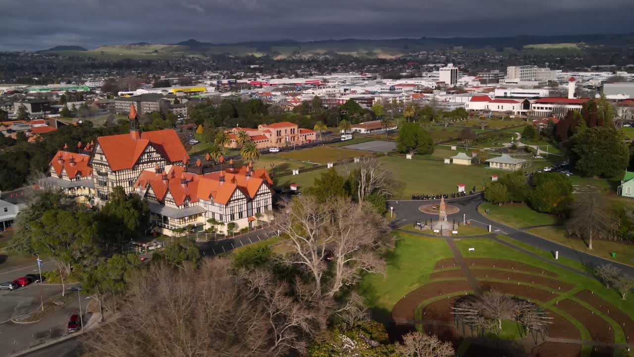 Stunning scenery of Rotorua Museum building and Government Gardens city park, unique light
