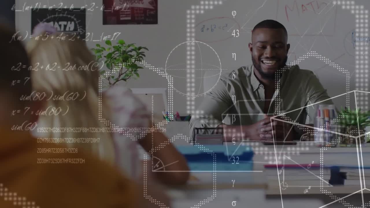 Animation of maths calculations and geometry over happy african american male teacher at desk