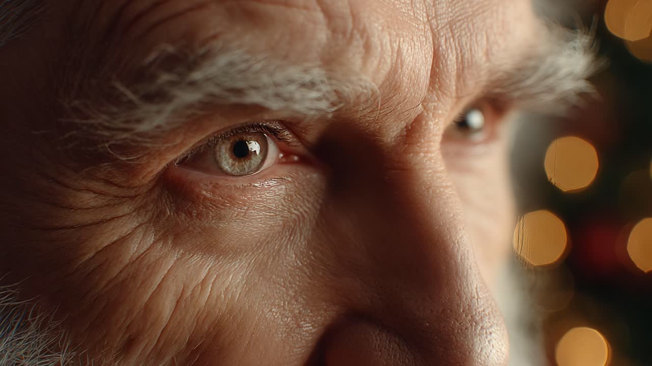 A Close-Up of an Elderly Man's Expressive Eye, Capturing the Essence of Wisdom and Experience Amid a Warm, Festive Background