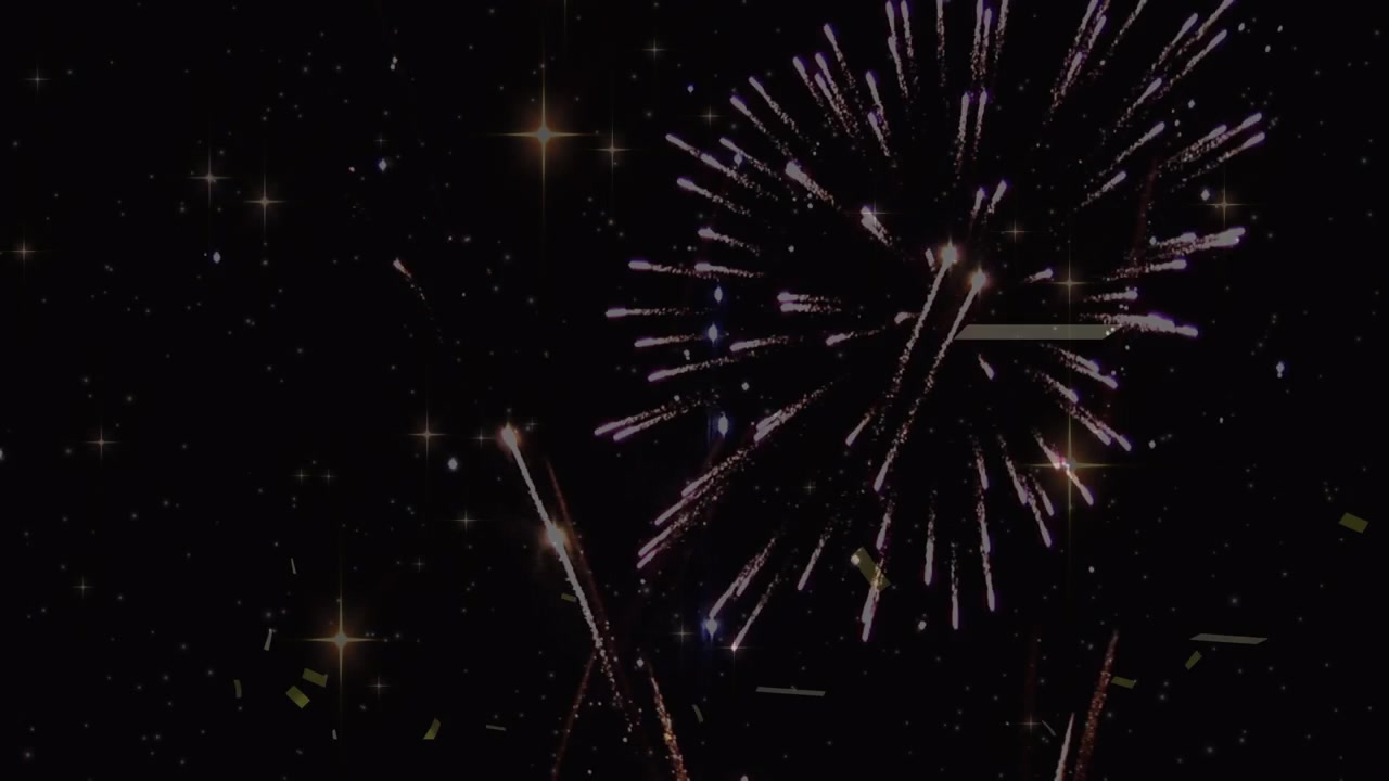 Animation of gold confetti falling over fireworks exploding, on black