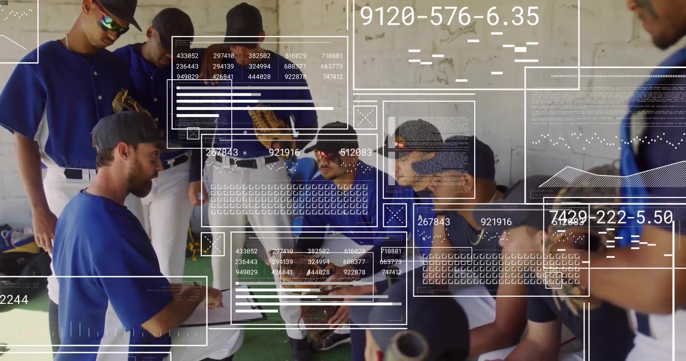 Baseball Coach Analyzing Team Performance with Digital Data Overlay