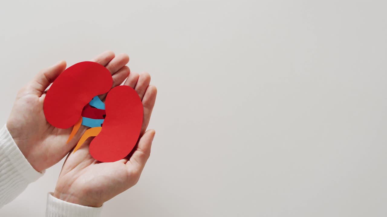 コピースペース付きの灰色の背景に ⁇ 臓を握っている手のビデオ