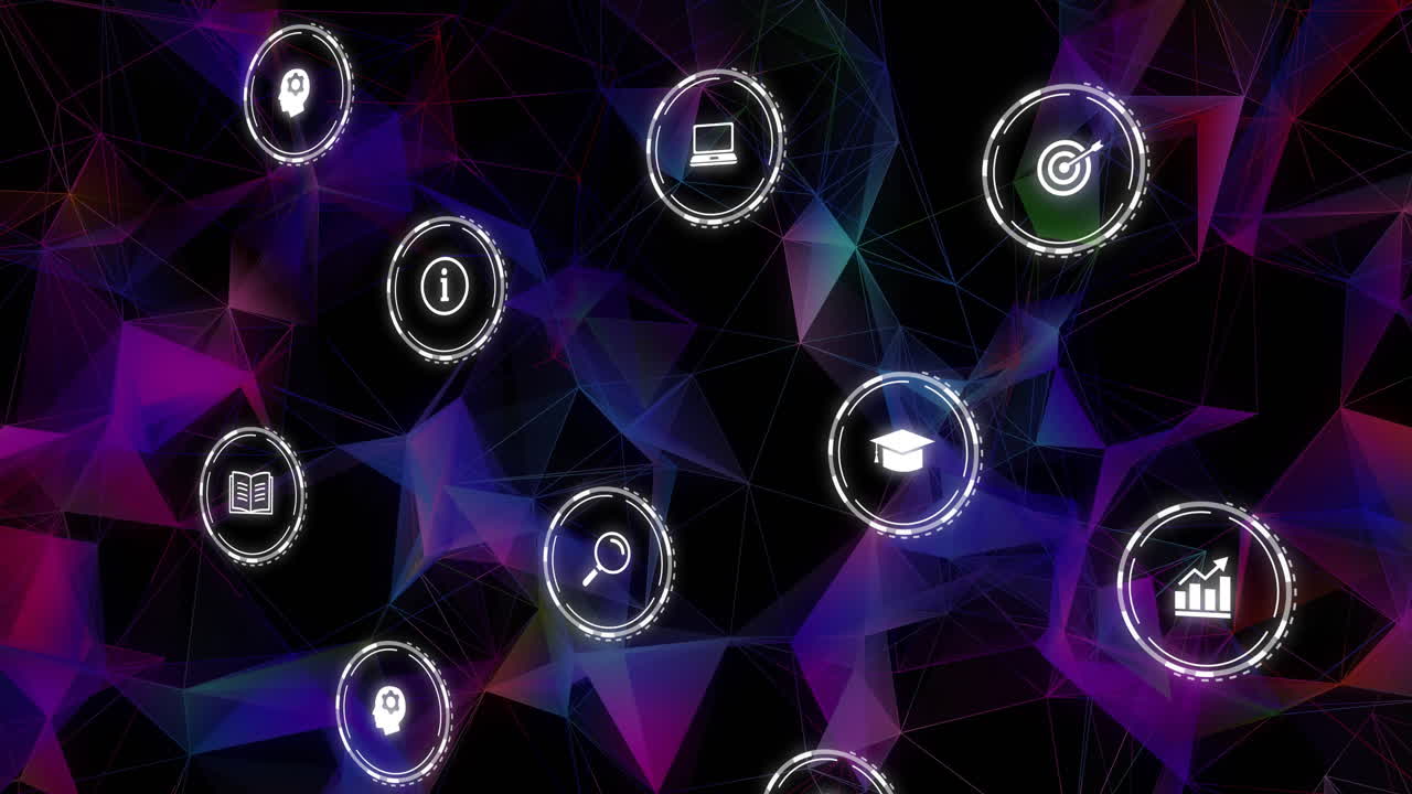 Animation of education and technology icons over abstract geometric background