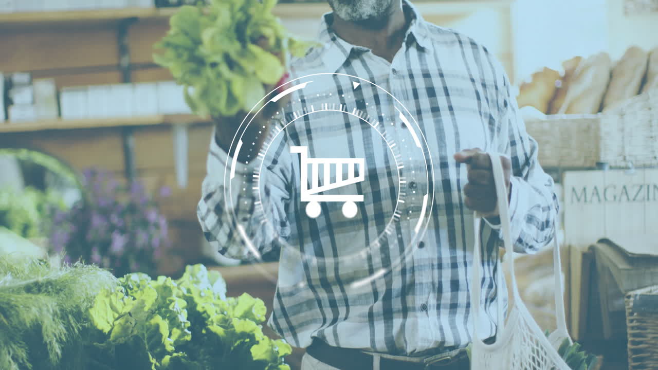 Animation of trolley sign and financial data processing over african american man shopping