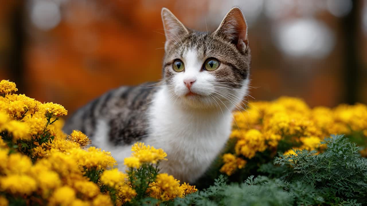 A Curious Cat Among Vibrant Yellow Flowers: Capturing the Beauty of Nature and Feline Elegance in Autumn's Embrace