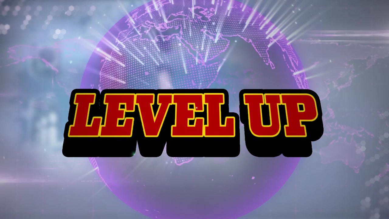 Animazione del testo "level up" e di un globo su sfondo sfocato