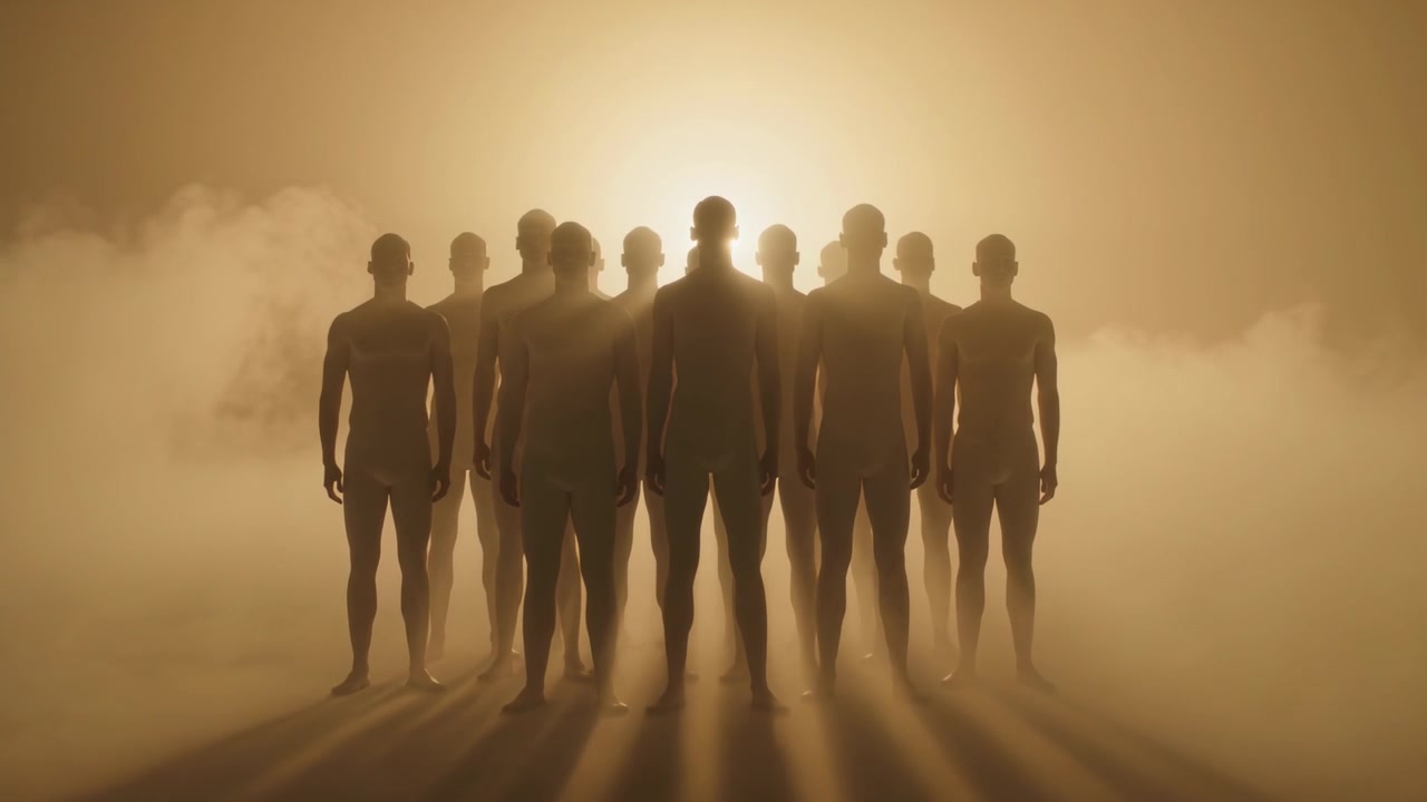 Standing eleven men wearing skin bodysuits at studio with fog, backlight growing for staged shot