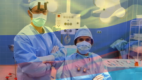 animation of flag of russia waving over surgeons in operating theatre