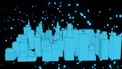 Blue-glowing-spots-moving-and-3D-city-model-against-black-background-