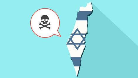 animation of a long shadow israel map with its flag and a comic balloon with a skull symbol