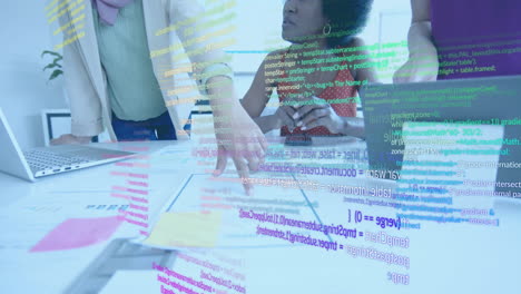 animation of financial data processing over diverse businesswomen in office