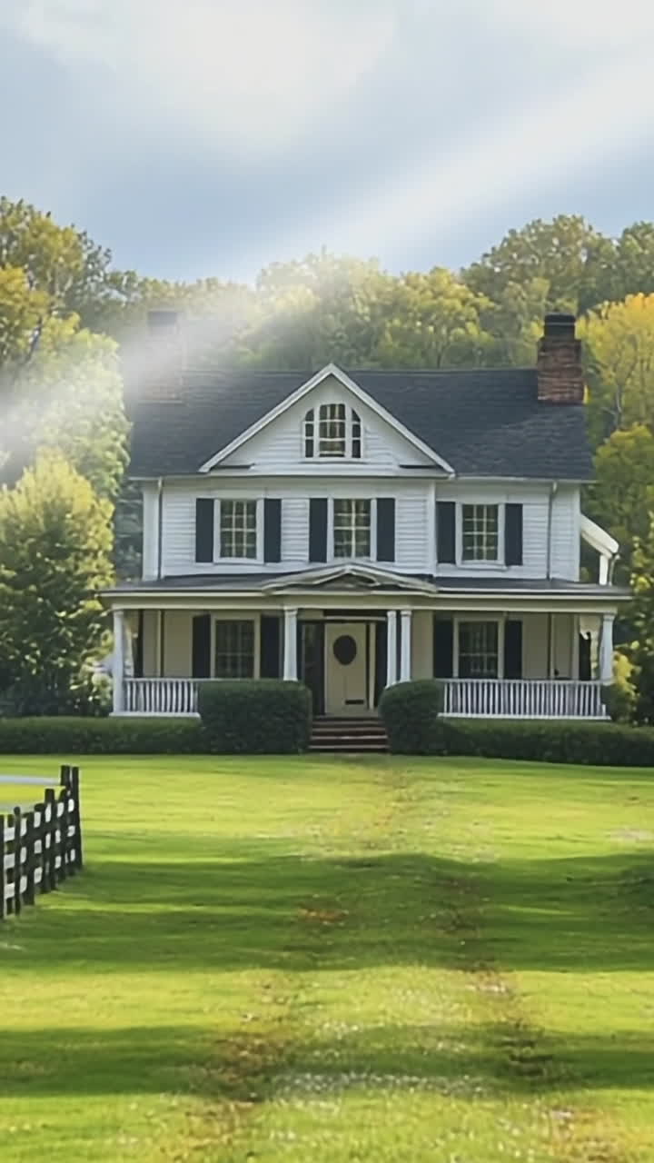 Charming farmhouse in greenery. A beautiful farmhouse stands in a lush landscape, surrounded by trees and a white picket fence under a clear sky.