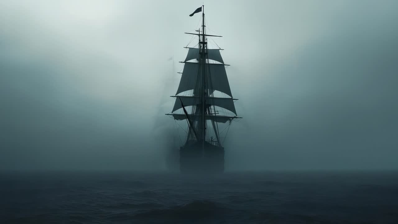 Sailing ship in foggy sea